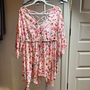 Torrid Pink Floral Blouse with Crisscross Detail